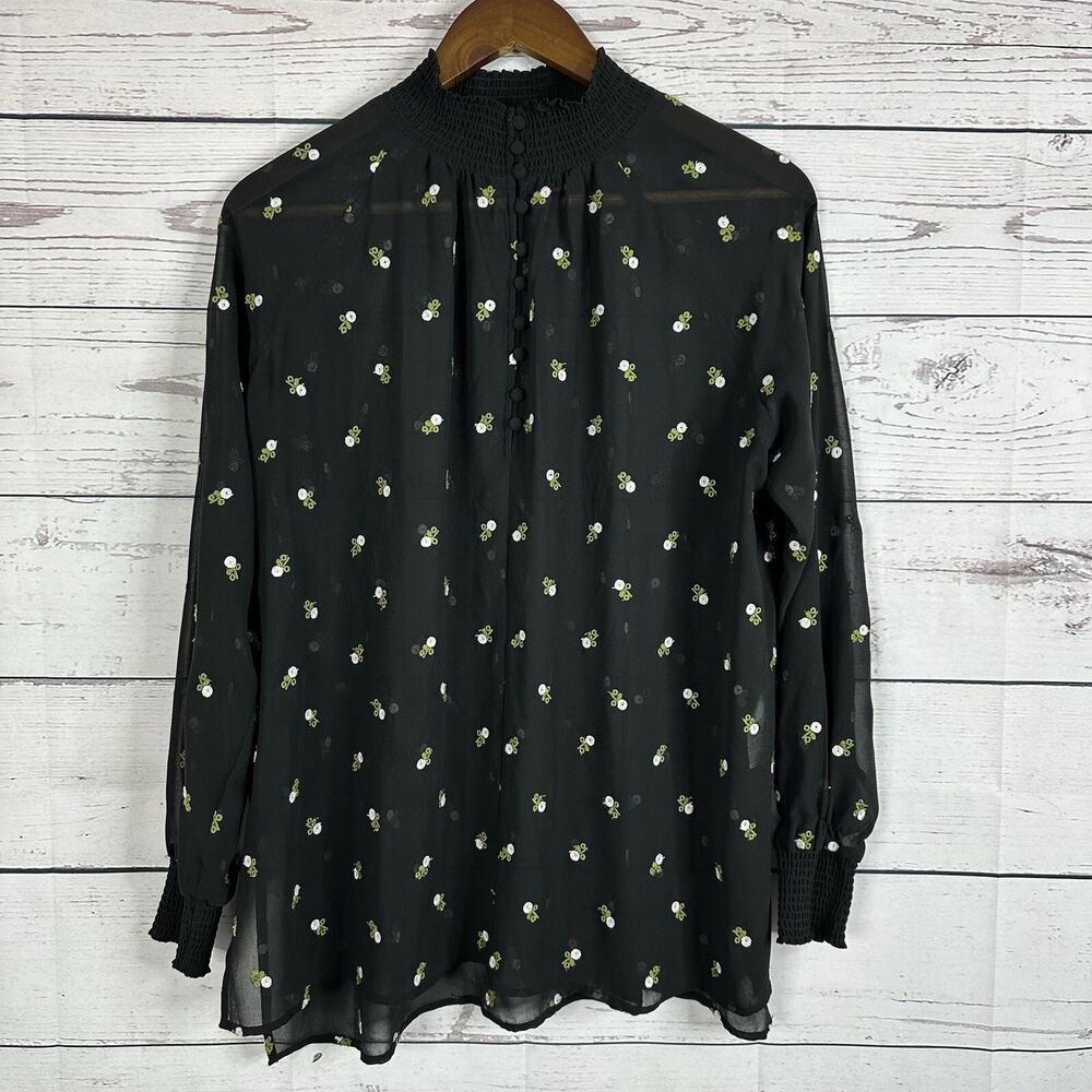 CAbi 5338 Blouse Womens XS Black Embroidered Floral‎ Smocked Career Mesh Top